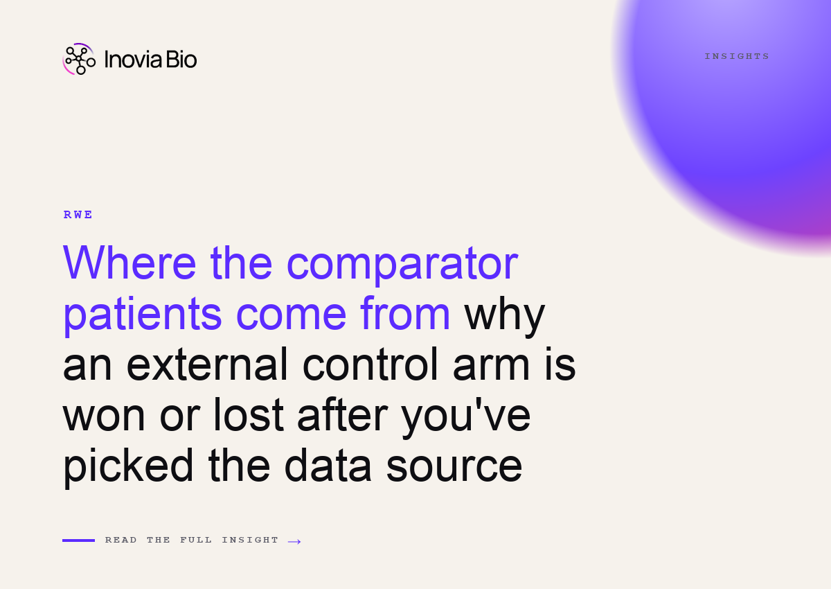 Illustration contrasting claims, EHR, registry and chart-abstraction data sources for an external control arm, showing why data curation and matching are what regulators actually scrutinise.