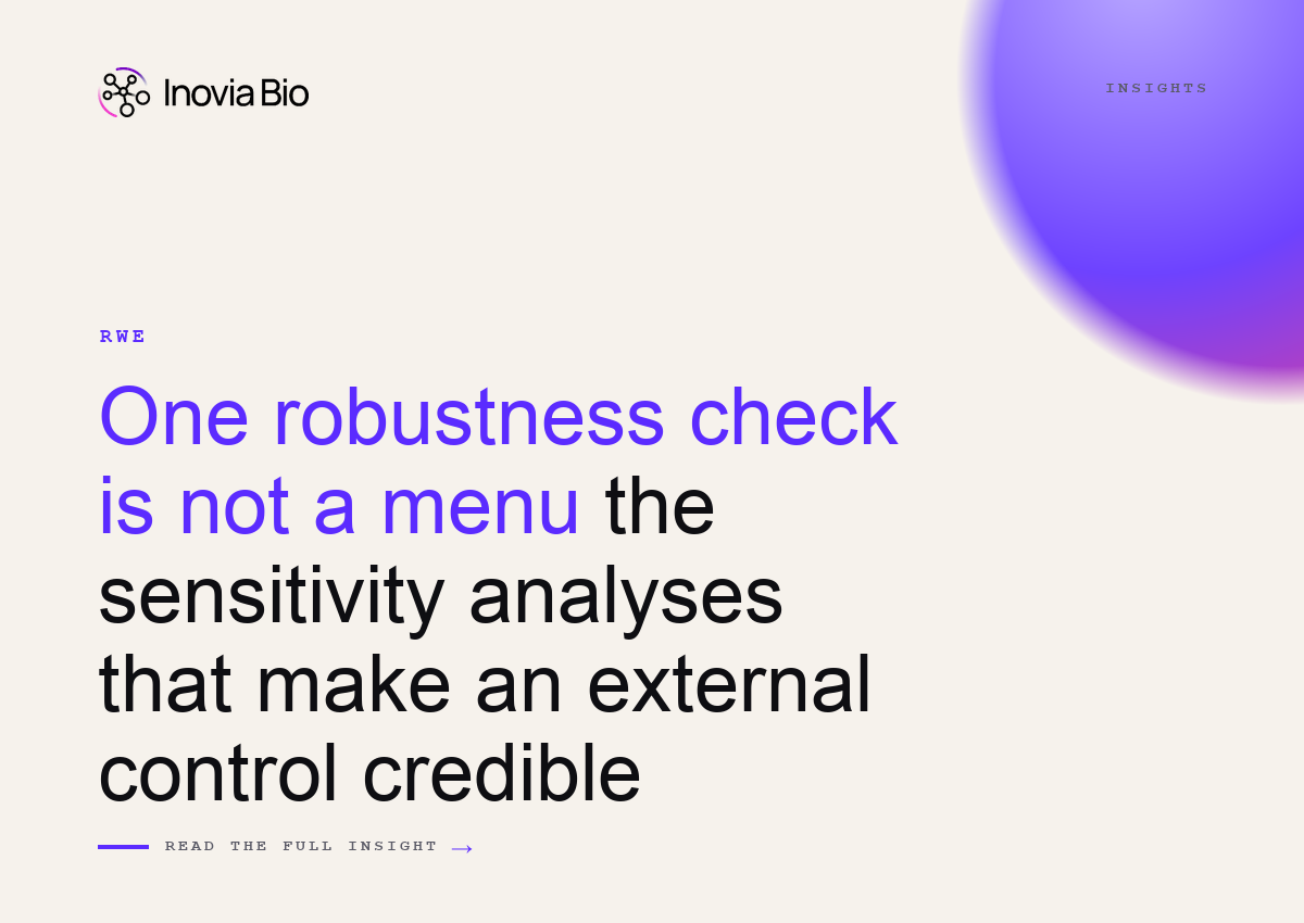 Illustration of the sensitivity analysis menu for an external control arm study: alternative matching specifications, missing-data handling, and quantitative bias analysis, as reviewed by FDA and EMA assessors.