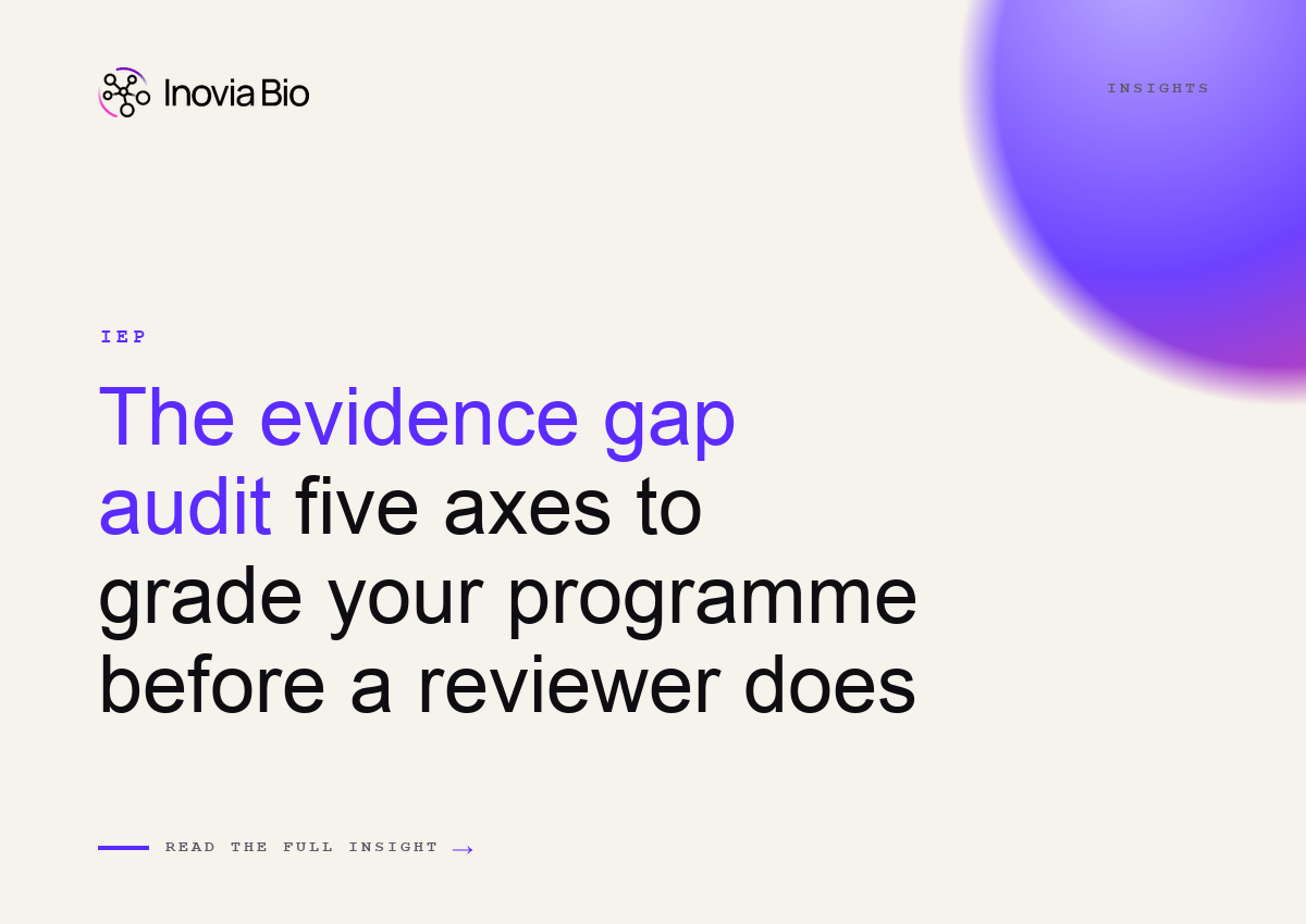 Inovia Bio featured image for the evidence gap audit: five axes for grading regulatory readiness in a drug development programme before FDA or EMA review.