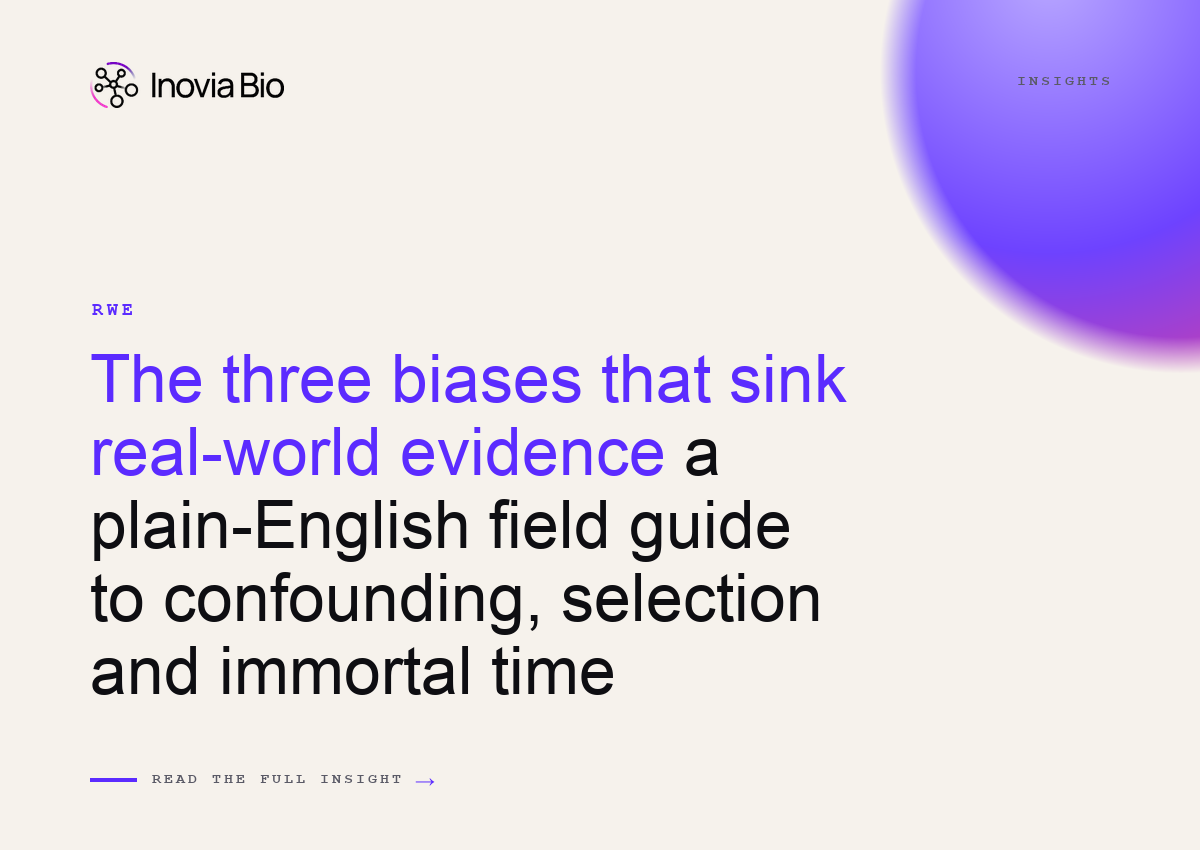 Inovia Bio field guide to real-world evidence bias: confounding by indication, selection bias and immortal time bias explained in plain English.