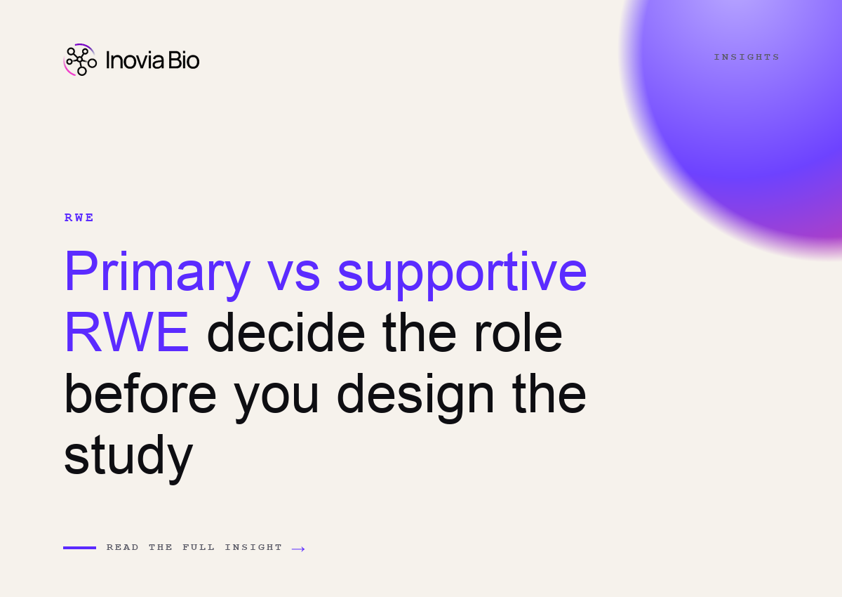 Inovia Bio graphic on primary vs supportive real-world evidence roles in FDA regulatory submissions